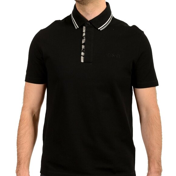 Versace Men's Black Logo Embroidery Short Sleeve Polo Shirt US L IT 52 - Picture 1 of 6